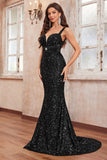 Glitter Sequins Black Mermaid Spaghetti Straps Long Formal Dress