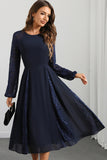 Navy A Line Round Neck Long Formal Dress with Long Sleeves