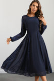 Navy A Line Round Neck Long Formal Dress with Long Sleeves