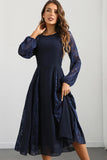 Navy A Line Round Neck Long Formal Dress with Long Sleeves