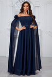 Navy Pleated A Line Off the Shoulder Long Formal Dress