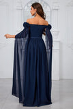 Navy Pleated A Line Off the Shoulder Long Formal Dress