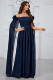 Navy Pleated A Line Off the Shoulder Long Formal Dress