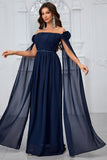 Navy Pleated A Line Off the Shoulder Long Formal Dress