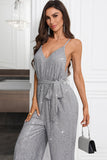 Grey Glitter Sequin Sleeveless Wide Leg Jumpsuit