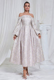 Lilac Pleated Off the Shoulder A Line Long Formal Dress with Long Sleeves