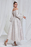 Lilac Pleated Off the Shoulder A Line Long Formal Dress with Long Sleeves