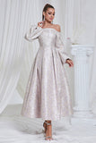 Lilac Pleated Off the Shoulder A Line Long Formal Dress with Long Sleeves