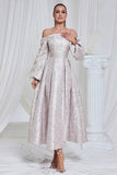 Lilac Pleated Off the Shoulder A Line Long Formal Dress with Long Sleeves