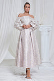 Lilac Pleated Off the Shoulder A Line Long Formal Dress with Long Sleeves