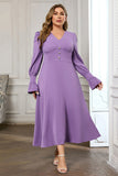 Violet V Neck Long Sleeve Plain Midi Bodycon Formal Dress