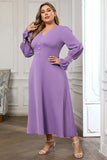 Violet V Neck Long Sleeve Plain Midi Bodycon Formal Dress