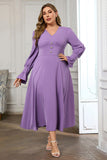 Violet V Neck Long Sleeve Plain Midi Bodycon Formal Dress