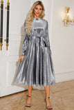 Silver A Line Pleated Long Formal Dress with Long Sleeves