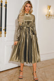 Silver A Line Pleated Long Formal Dress with Long Sleeves