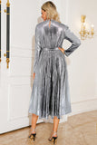 Silver A Line Pleated Long Formal Dress with Long Sleeves