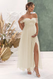 Apricot A Line Off the Shoulder Maternity Bridesmaid Dress witn Slit