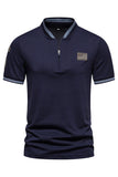 Navy Short Sleeves Zipper Cotton Men's Polo Shirt