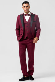 Burgundy 3 Pieces Peak Lapel Men's Formal Suits