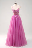 Sparkly Purple A-Line Appliqued Long Formal Dress with Slit