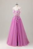 Sparkly Purple A-Line Appliqued Long Formal Dress with Slit