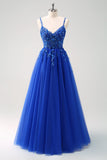 Sparkly A-Line Royal Blue Spaghetti Straps Corset Long Formal Dress