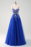 Sparkly A-Line Royal Blue Spaghetti Straps Corset Long Formal Dress