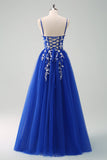 Sparkly A-Line Royal Blue Spaghetti Straps Corset Long Formal Dress