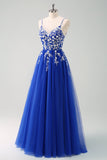 Sparkly A-Line Royal Blue Spaghetti Straps Corset Long Formal Dress