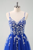 Sparkly A-Line Royal Blue Spaghetti Straps Corset Long Formal Dress