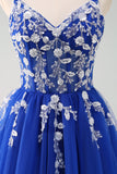 Sparkly A-Line Royal Blue Spaghetti Straps Corset Long Formal Dress