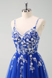 Sparkly A-Line Royal Blue Spaghetti Straps Corset Long Formal Dress