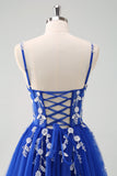 Sparkly A-Line Royal Blue Spaghetti Straps Corset Long Formal Dress