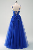 Sparkly A-Line Royal Blue Spaghetti Straps Corset Long Formal Dress