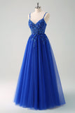 Sparkly A-Line Royal Blue Spaghetti Straps Corset Long Formal Dress