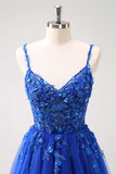 Sparkly A-Line Royal Blue Spaghetti Straps Corset Long Formal Dress