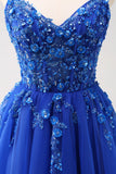 Sparkly A-Line Royal Blue Spaghetti Straps Corset Long Formal Dress