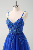 Sparkly A-Line Royal Blue Spaghetti Straps Corset Long Formal Dress