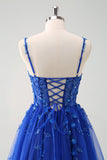 Sparkly A-Line Royal Blue Spaghetti Straps Corset Long Formal Dress