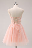 A Line Blush Spaghetti Straps Tulle Corset Sequins Cocktail Dress with Appliques