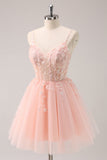 A Line Blush Spaghetti Straps Tulle Corset Sequins Cocktail Dress with Appliques