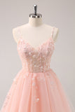 A Line Blush Spaghetti Straps Tulle Corset Sequins Cocktail Dress with Appliques