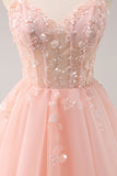 A Line Blush Spaghetti Straps Tulle Corset Sequins Cocktail Dress with Appliques