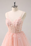 A Line Blush Spaghetti Straps Tulle Corset Sequins Cocktail Dress with Appliques