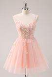 A Line Blush Spaghetti Straps Tulle Corset Sequins Cocktail Dress with Appliques