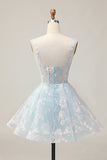 Sparkly Light Blue A Line Spaghetti Straps Corset Long Homecoming Dress