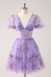 Purple A-Line V Neck Corset Short Floral Cocktail Dress with Lace Up Back