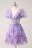 Purple A-Line V Neck Corset Short Floral Cocktail Dress with Lace Up Back