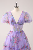 Purple A-Line V Neck Corset Short Floral Cocktail Dress with Lace Up Back