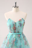 Fluffy Strapless Green Floral Short Cocktail Dress